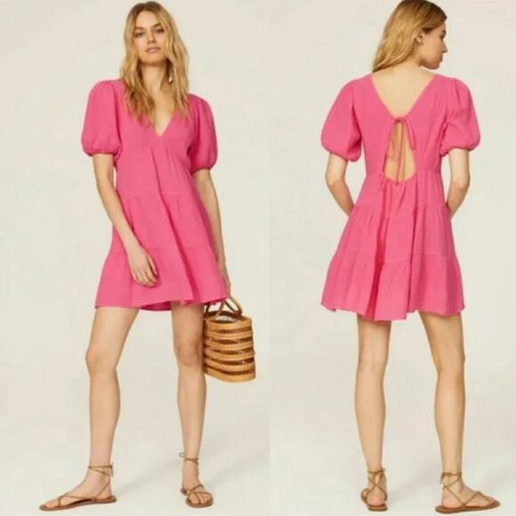 Xirena Nissa Open Back Tiered Puff Sleeve Mini Trapeze Dress Size Medium - Picture 1 of 10